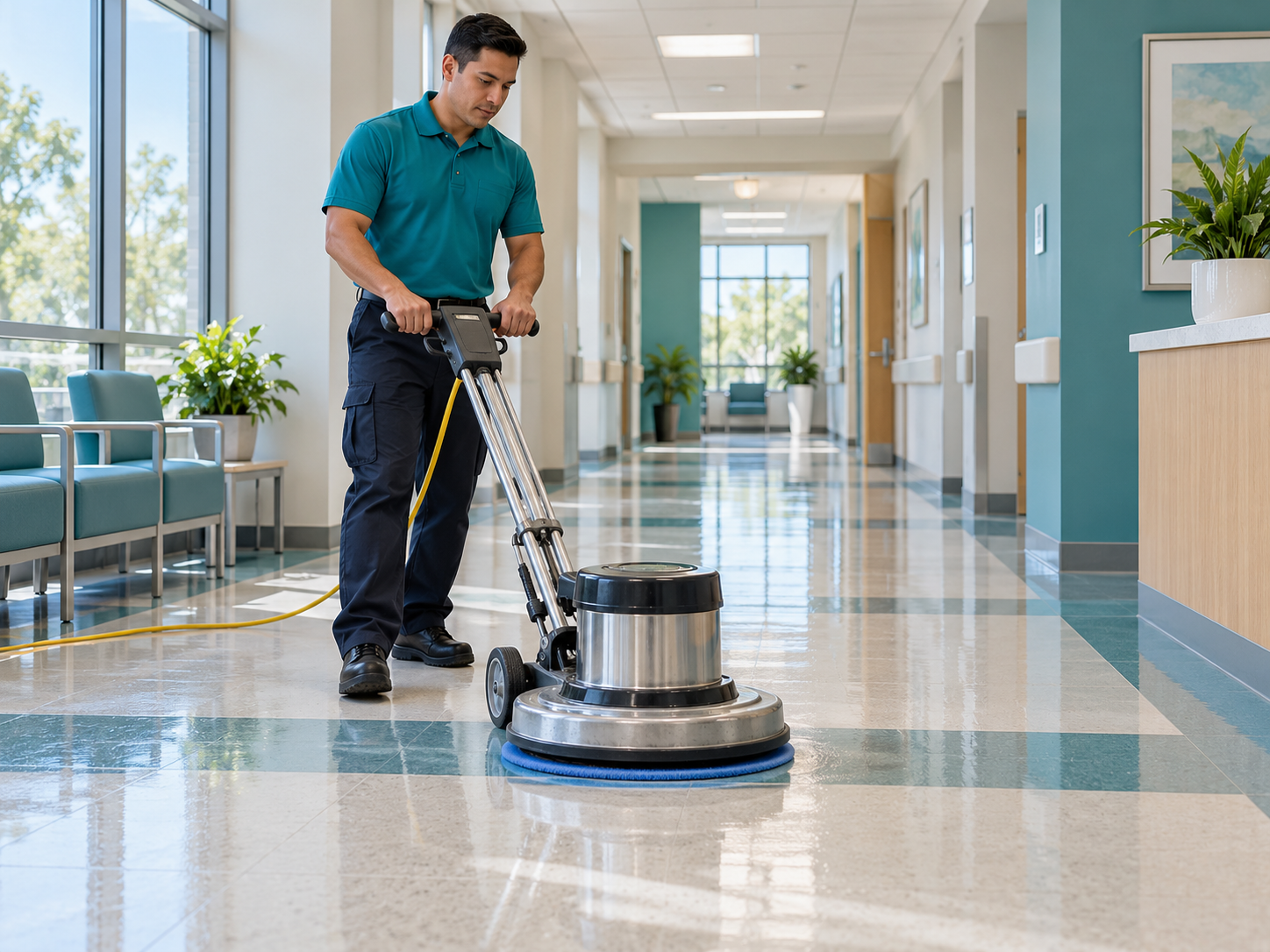 Commercial cleaner polishing a hard floor